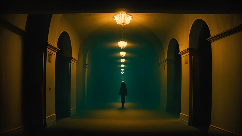 A candlelit castle corridor with a coiled whip on a stone floor, rendered as a repertory cinema poster in teal and amber
