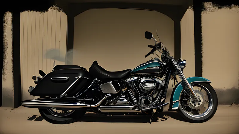 A chopper's front wheel and handlebars looming out of dust on an empty road, repertory cinema poster in teal and amber with heavy grain