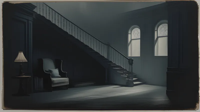 A sprawling Victorian mansion at dusk with a staircase rising toward a blank wall, lit by candlelight