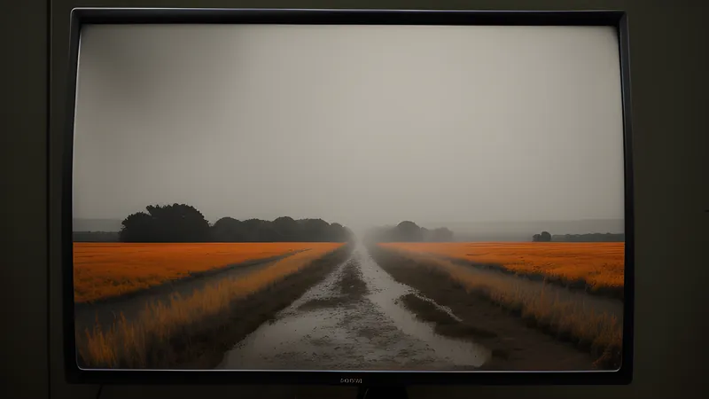A muddy crossroads signpost fading into a vast misty countryside, rendered in warm CRT amber