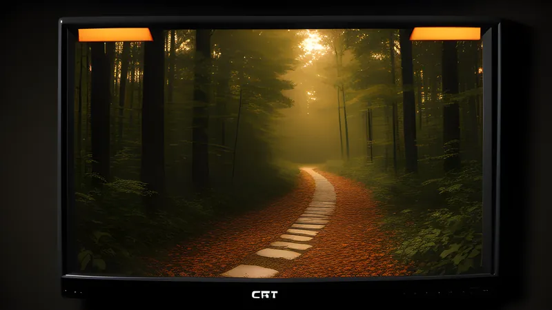 A winding line-panel path glowing faintly across a sunlit island grove, rendered in amber CRT glow