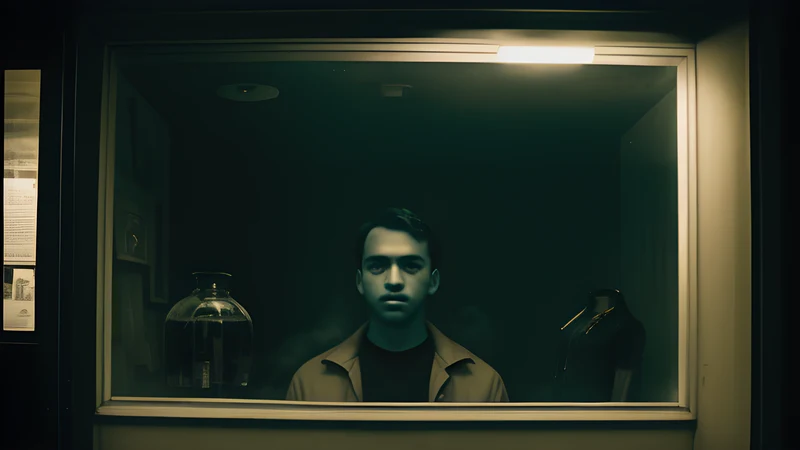 A shop window at night holding a painted portrait, with a man's face reflected in the glass, teal and amber poster style