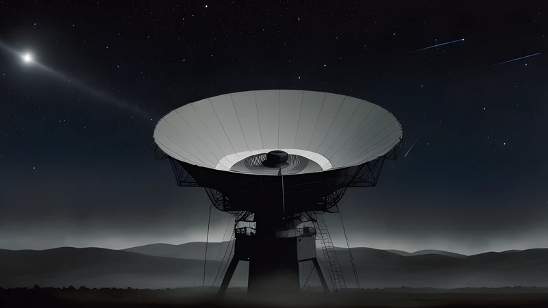 A radio telescope dish against a starfield with a single glowing printout strip marked in red