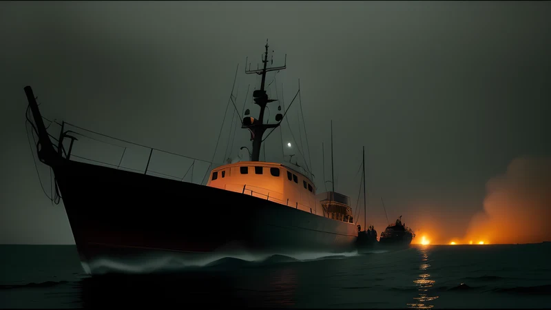 A small smuggler's boat low in the water on a grey, flat sea crossing