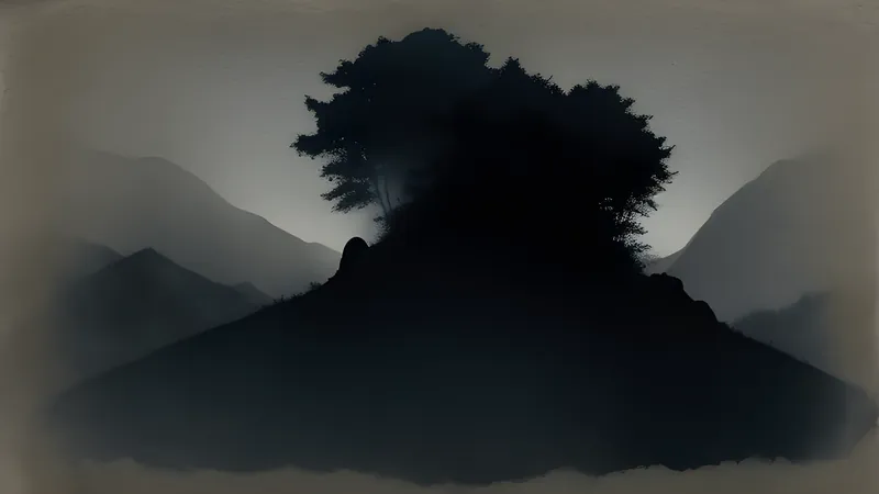 A hairy hominid shape moving through misty Chinese mountain forest at dawn