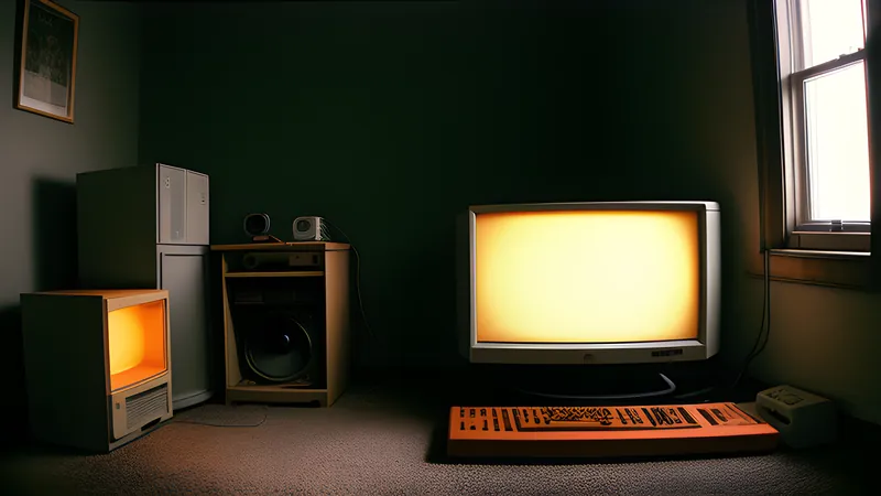 Two glowing home-computer screens facing each other across a worn bedroom carpet