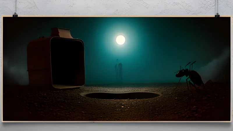 A desert storm drain with an ant's silhouette at its mouth, in teal and amber repertory-poster light