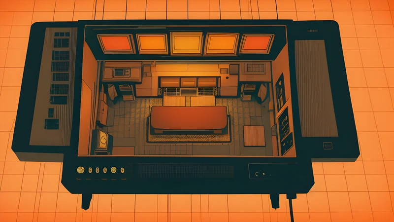 A hospital floor plan with a queue of figures snaking through its corridors, glowing amber with phosphor bloom and scanlines