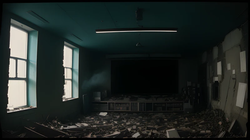 An apartment block with a wall smashed open to the sky, rendered as a grainy repertory cinema poster in teal and amber