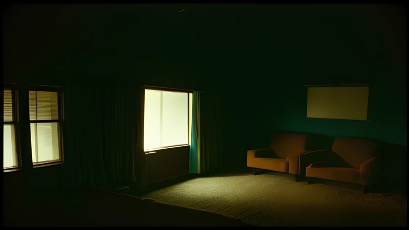 A roadside motel cabin at night, raked by the headlights of an approaching car