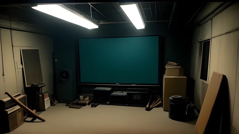 A basement with axes leaning against the wall beneath a bare hanging bulb