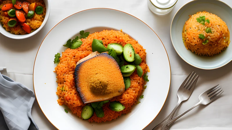 Red jollof-style rice with stuffed fish and vegetables on a platter