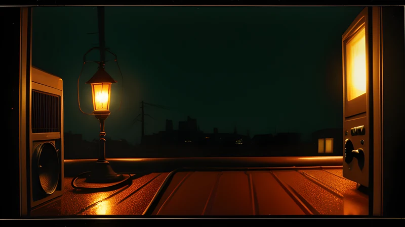 A rain-wet city rooftop with an unlit lantern, lit by amber phosphor bloom and scanlines
