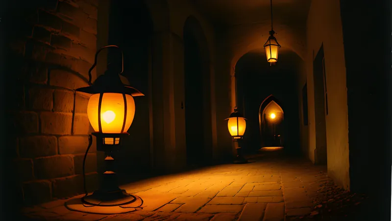 A single lantern throwing long shadows down a flagged stone corridor, lit in warm amber against deep dark