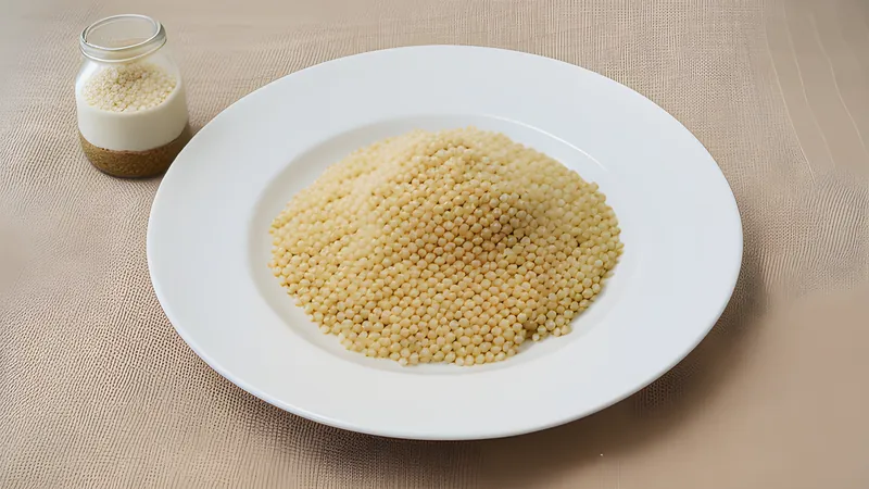 Pale steamed millet couscous grains piled in a woven bowl