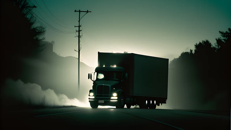 A truck stacked high with crates of apples on a dark road at night