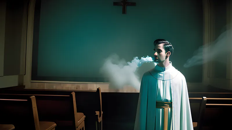 A white priest's cassock with a blood-spotted collar in a dim hospital chapel