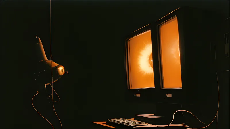 A weight swinging on a taut line beneath a glowing point, rendered in burnt amber CRT phosphor with heavy scanlines