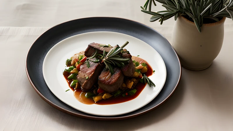 Sizzling sauteed lamb with onion, rosemary and chilli on a hot clay plate