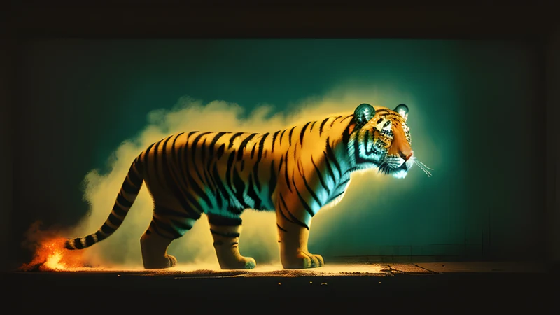 A chalk tiger drawn on a wall with a trail of blood running beneath it