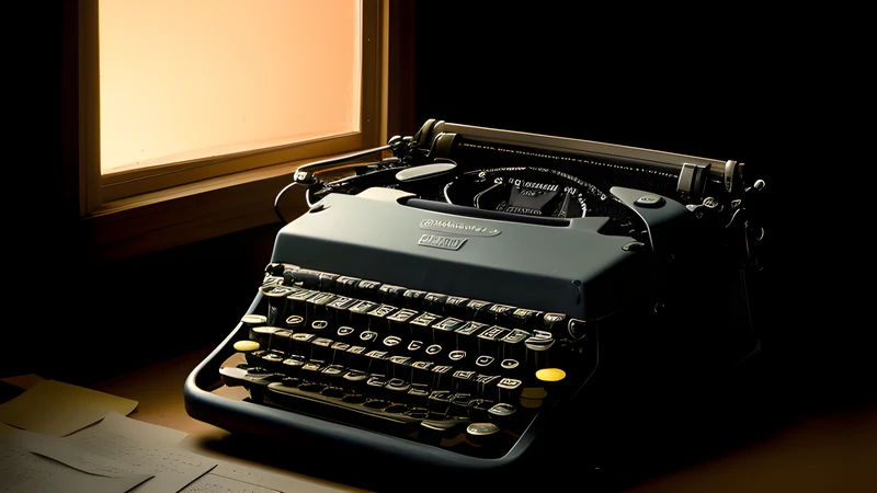 An old typewriter under a hard spotlight in a dark room, amber phosphor glow and heavy grain