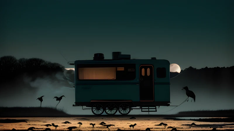 A white veil and a turkey drifting above a muddy settlement under a bruised sky, repertory cinema poster in teal and amber with projector light through smoke