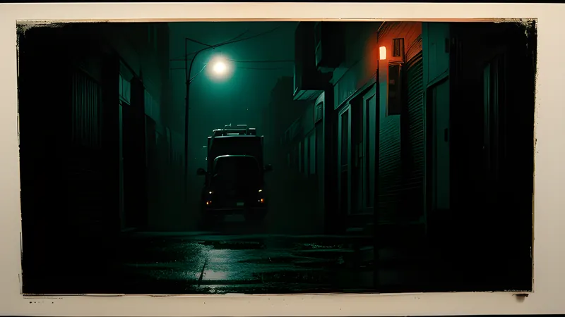 A rain-slicked city street under broken neon signage, repertory cinema poster in teal and amber with projector light through smoke