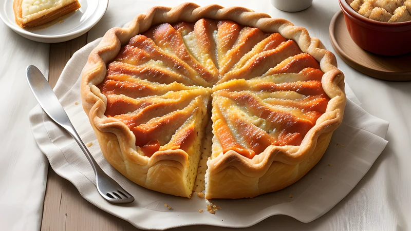 A slice of macaroni pie under a golden pastry lid on a plate