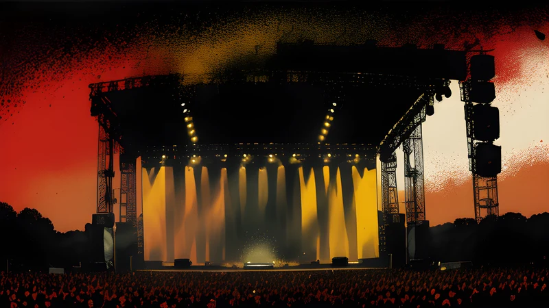 An Odense festival main stage at golden hour with flags flying over a summer crowd