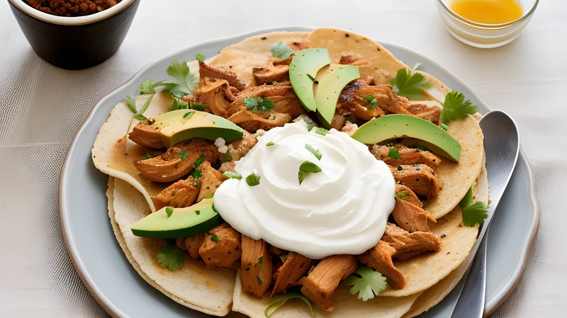 Shredded chipotle chicken tinga piled on crisp tostadas with crema, sliced avocado and onion