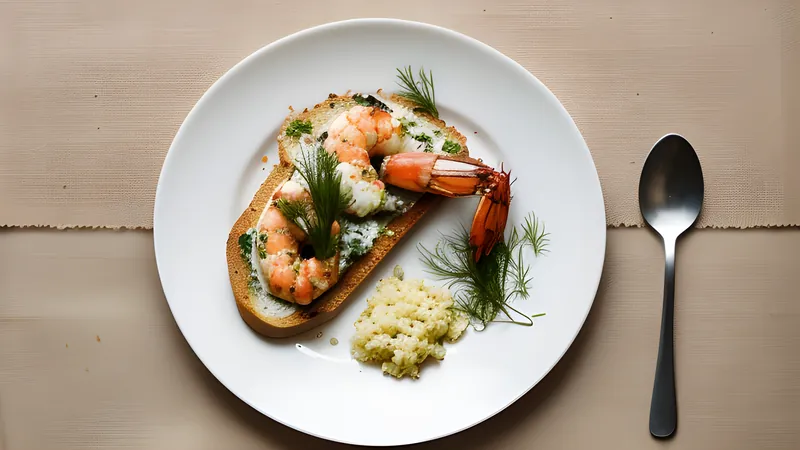 A mound of dressed prawns with dill piled on a square of fried bread, topped with orange bleak roe and a lemon wedge
