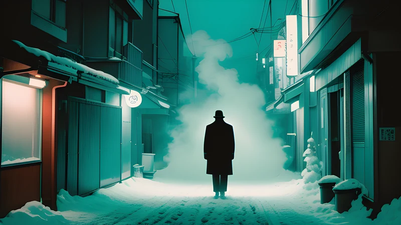 A lone figure in a pale suit on an empty white stage under a single spotlight, repertory cinema poster in teal and amber with projector light through smoke