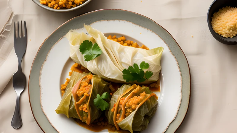 Plump cabbage rolls in a red paprika sauce with shredded sauerkraut and a spoon of soured cream on top