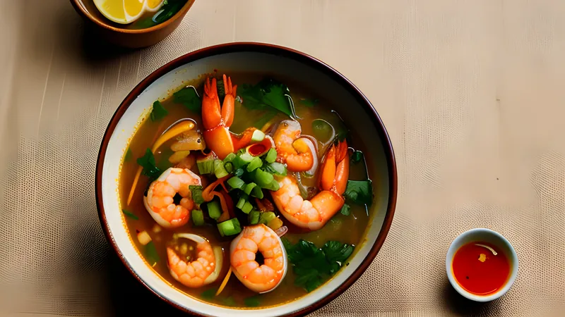 A red-tinged bowl of tom yum goong with whole prawns, mushrooms, lemongrass and coriander