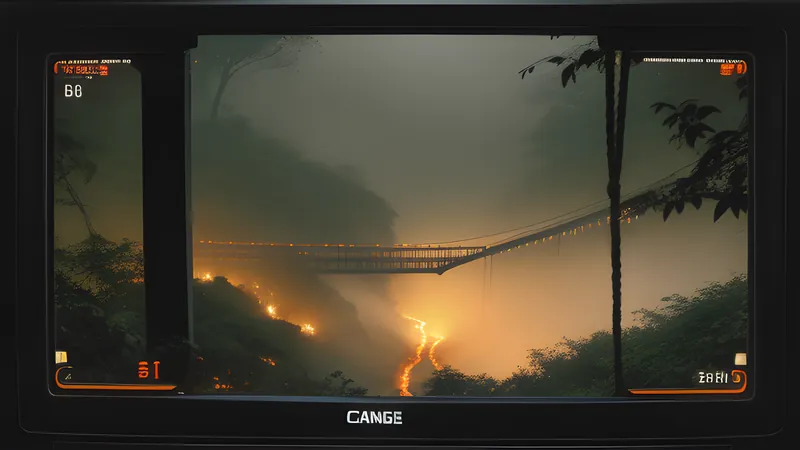 A single rope bridge swaying over a misty jungle ravine at first light, amber CRT phosphor glow