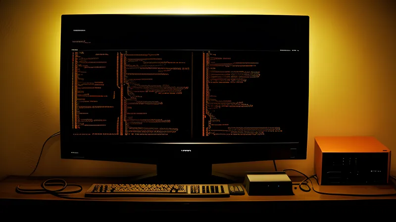 A lone programmer's silhouette bent over a glowing keyboard, amber CRT light and heavy grain