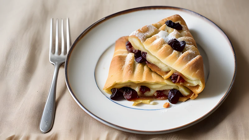 Two slices of quark strudel on a plate, thin pastry spiralled around a pale set filling dotted with sultanas, dusted with icing sugar