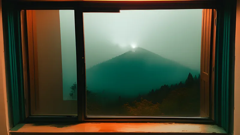 A fogged hillside villa window at dusk with a red scarf caught on the latch