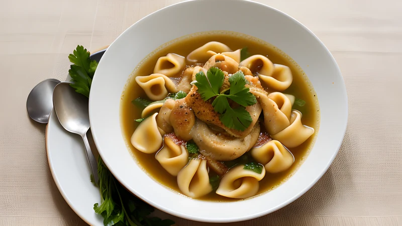 Tiny tortellini floating in a clear golden broth in a white soup plate