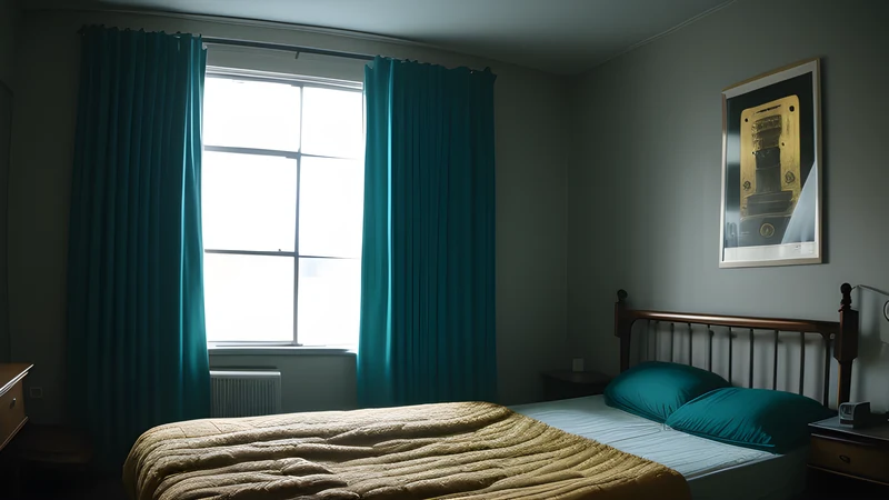 A dim bedroom with gold bars stacked beside a narrow bed, teal and amber light