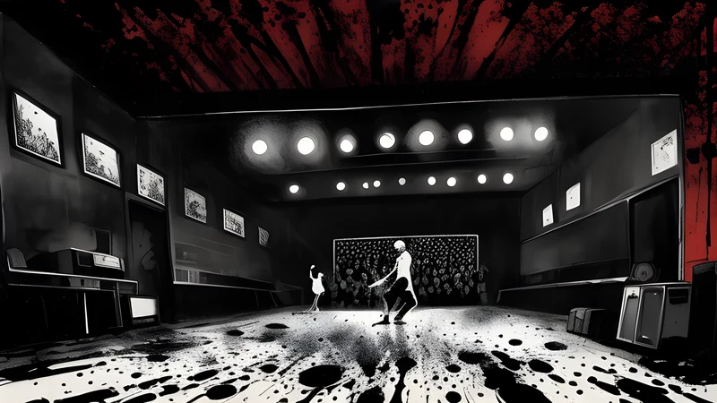 Ink illustration of a big Aarhus night-out venue, a packed floor mid-gig tipping into disco, crimson spot colour