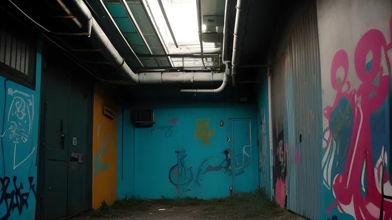 Repertory-cinema poster of a skull wearing a Renaissance ruff over a graffitied New York alley, teal and amber projector light through smoke