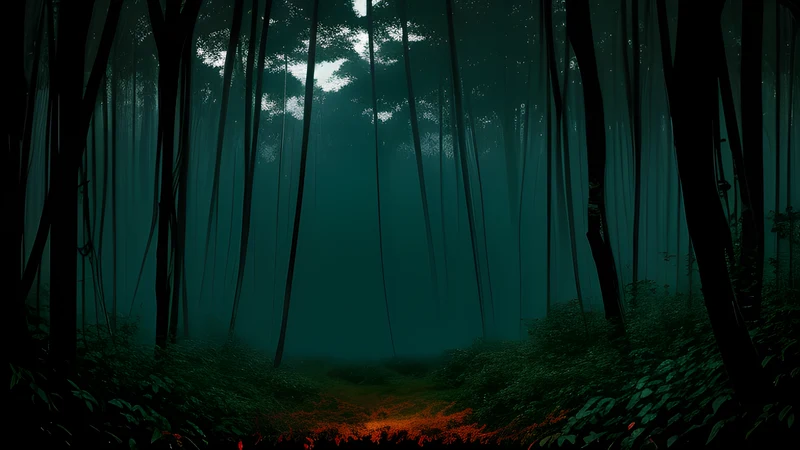 A torchlit path into dense jungle with two eyes glinting in the dark, repertory-poster style in teal and amber