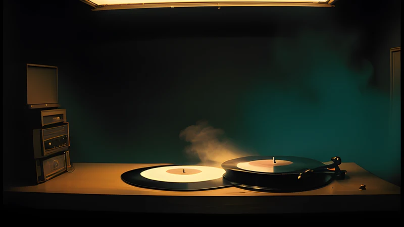 A lone figure leaning on a pool table in an empty amber-lit hall, teal shadow and cigarette smoke caught in the projector beam