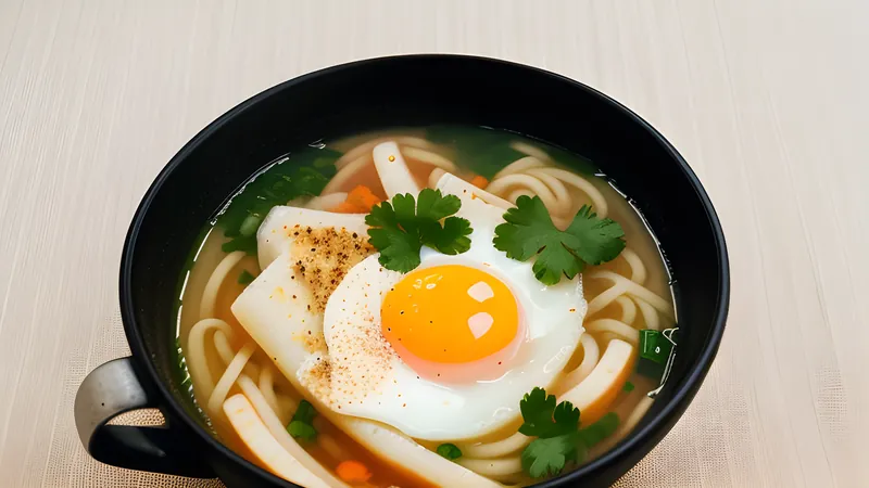 A bowl of clear tteokguk soup with sliced rice cake ovals and yellow and white egg ribbons