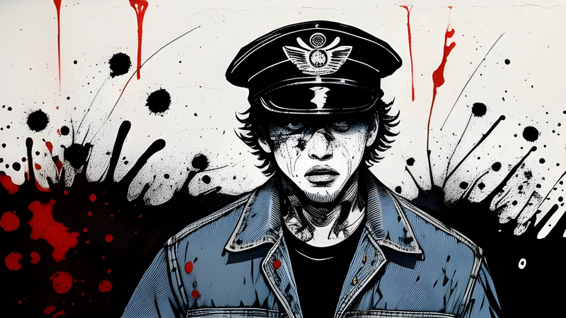 A denim-clad band in sailor caps mid-swagger before a roaring crowd, bold editorial ink with crimson spot colour