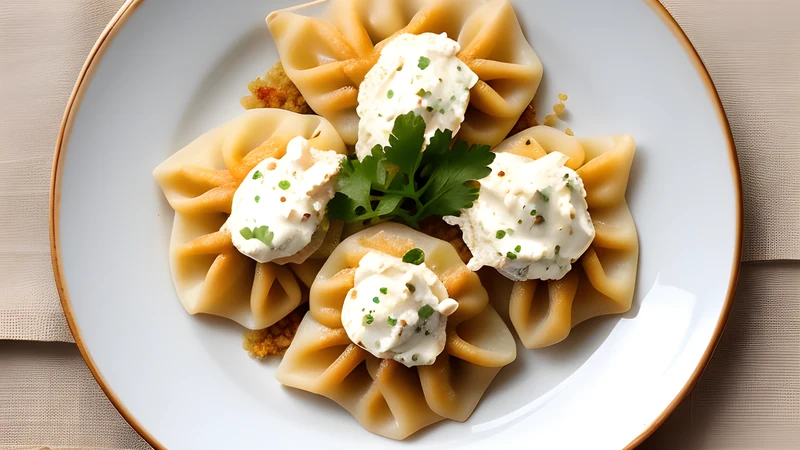 Tiny Turkish manti dumplings in a bowl under garlic yoghurt, dressed with red pepper butter and dried mint