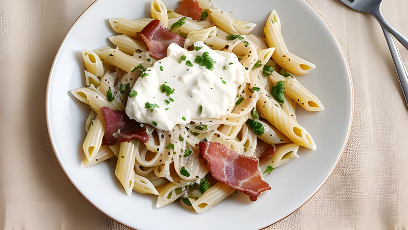 Wide torn pasta squares under crumbled white curd cheese, crisp bacon bits and a spoon of soured cream