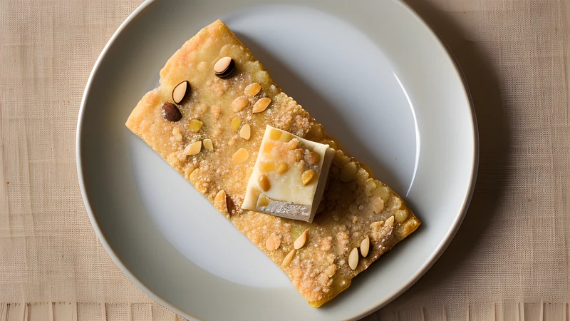 A cut slab of pale brown soft almond turrón on greaseproof paper, one piece broken to show the dense paste