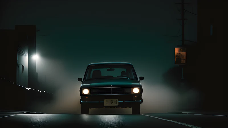 A primer-grey car on an empty two-lane road, styled as a teal-and-amber repertory poster